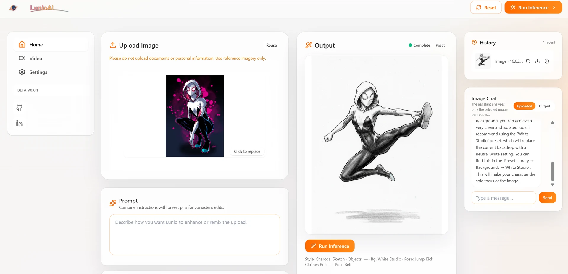 Lunio AI interface for image generation and editing